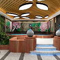 Luxurious SPA Sauna Interior with Golden Ceiling Circular Lights Floral Mural Green Plants and Hot Spring Pool