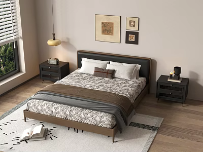 Modern Double Bed with Bedding Nightstands Lamp Framed Pictures Window Rug and Wooden Floor 3d model