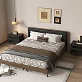 Modern Double Bed with Bedding Nightstands Lamp Framed Pictures Window Rug and Wooden Floor