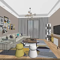Modern Living And Dining Area Interior With Sofa Coffee Table TV Stand And Open Kitchen