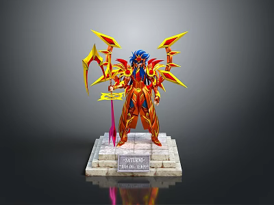 Action Figure With Blue Hair Red Gold Armor Yellow Winged Design Weapon On Marble Base 3d model