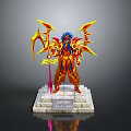 Action Figure With Blue Hair Red Gold Armor Yellow Winged Design Weapon On Marble Base