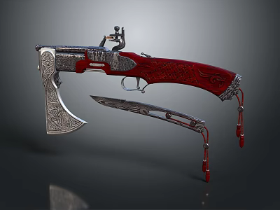 Decorative Weapon With Intricate Patterns Red Grip Silver Metal Axe Structure Small Knife Red Tassels 3d model