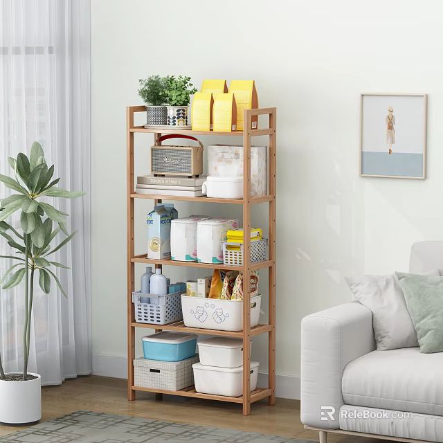 Cozy Living Room Wooden Multi Tiered Storage Shelf With Potted Plants Storage Boxes And Baskets 3d model 