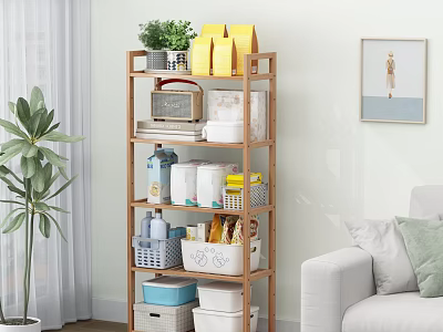 Cozy Living Room Wooden Multi Tiered Storage Shelf With Potted Plants Storage Boxes And Baskets 3d model