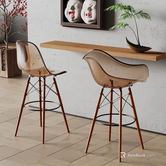 Wooden Bar Counter With Two Transparent Bar Stools On Wooden Legs Against Gray Wall 3d model 