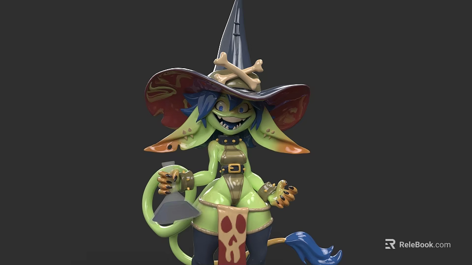 Green Mythical Creature Character With Skull Wizard Hat Blue Hair Tail And Bell 3d model 