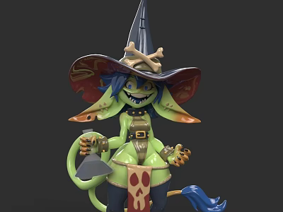 Green Mythical Creature Character With Skull Wizard Hat Blue Hair Tail And Bell 3d model