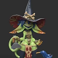 Green Mythical Creature Character With Skull Wizard Hat Blue Hair Tail And Bell