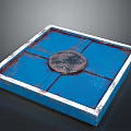 Industrial Blue Square Structural Frame with Circular Center and White Worn Edges