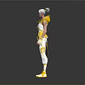 Game Movie Character In Yellow And White Futuristic Outfit With Headpiece Gloves And Boots