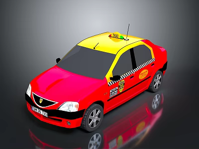 Red and Yellow Taxi Sedan With Checkerboard Pattern Doors And Roof Top Sign 3d model