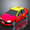 Red and Yellow Taxi Sedan With Checkerboard Pattern Doors And Roof Top Sign
