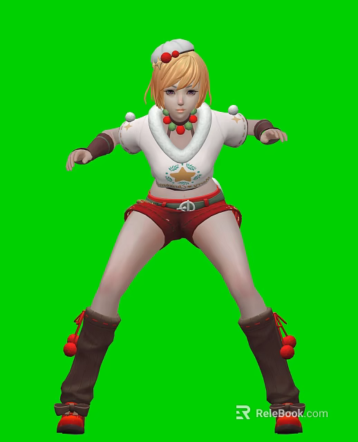 Game Movie Character With Orange Hair White Star Top Red Shorts Brown Boots Green Background 3d model 