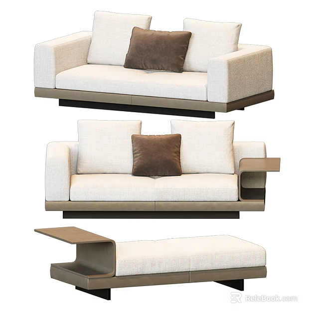Modern Multi Person Sofa With Beige Fabric Brown Cushions And Side Table 3d model