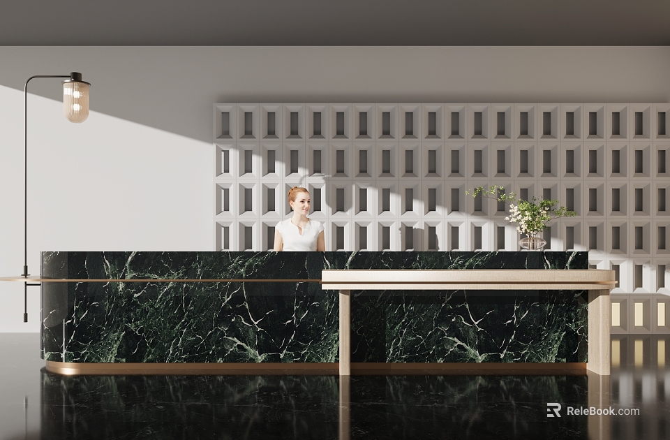 Modern Hotel Lobby Interior With Marble Reception Counter And Decorative Plants 3d model 