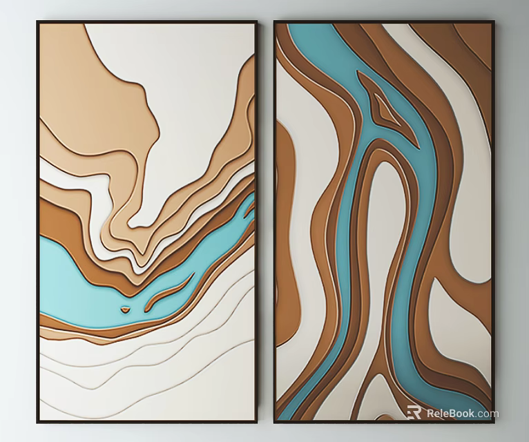 Abstract Layered Wall Art With Brown Blue Beige Wavy Patterns For Modern Decor 3d model