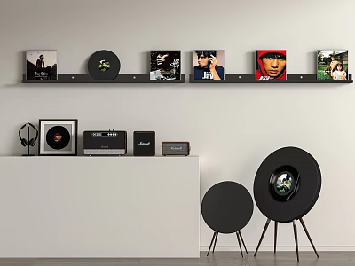 Headphones Round Speakers And Audio Equipment With Vinyl Records On Black Shelf White Cabinet 3d model