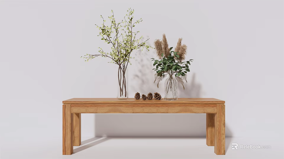 Decorative Vase with Green Plants and Flowers on Wooden Table with Pinecones Against White Wall 3d model 