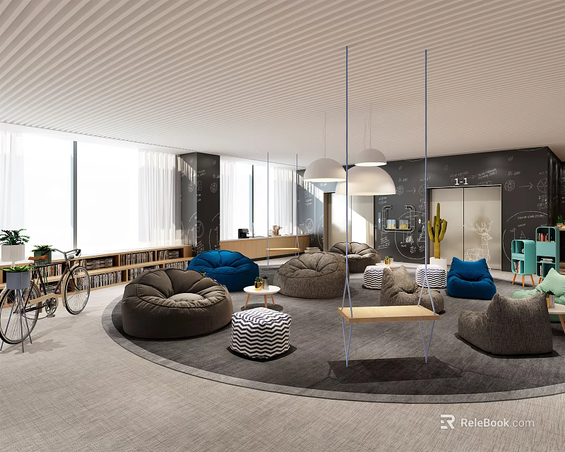 Modern Lounge Area With Round Carpet Large Windows Striped Ceiling And Colorful Bean Bag Sofas 3d model 