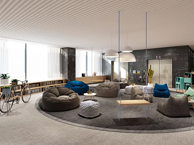 Modern Lounge Area With Round Carpet Large Windows Striped Ceiling And Colorful Bean Bag Sofas 3d model
