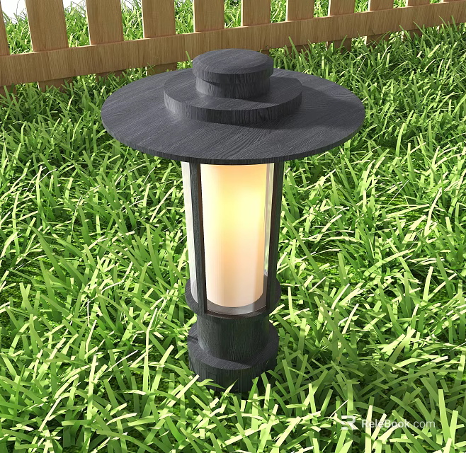 Black Outdoor Lamp With Circular Top And Transparent Shade On Green Grass 3d model 