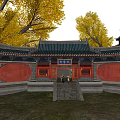 Ancient Chinese Architecture With Red Walls Curved Eaves And Yellow Ginkgo Trees