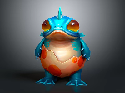 Cute Blue Cartoon Game and Movie Character with Large Eyes and Orange Spotted Belly 3d model