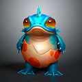Cute Blue Cartoon Game and Movie Character with Large Eyes and Orange Spotted Belly