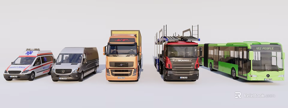 Modern Green Public Transport Bus Front View Parked With Trucks And Vans 3d model 