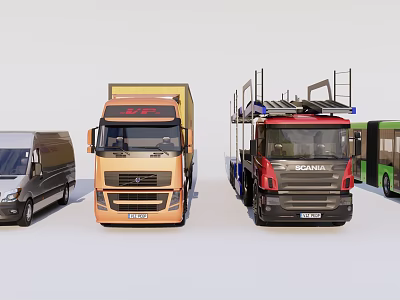 Modern Green Public Transport Bus Front View Parked With Trucks And Vans 3d model