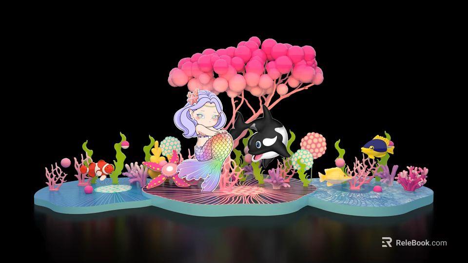 Vibrant Marine Themed Photo Spot With Mermaid Orca Clownfish And Coral Tree Decorations 3d model 