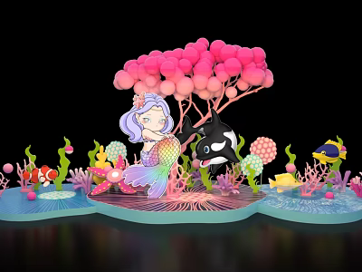 Vibrant Marine Themed Photo Spot With Mermaid Orca Clownfish And Coral Tree Decorations 3d model