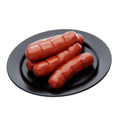 Juicy Grilled Sausages With Diagonal Cuts Served On Black Plate 3d model
