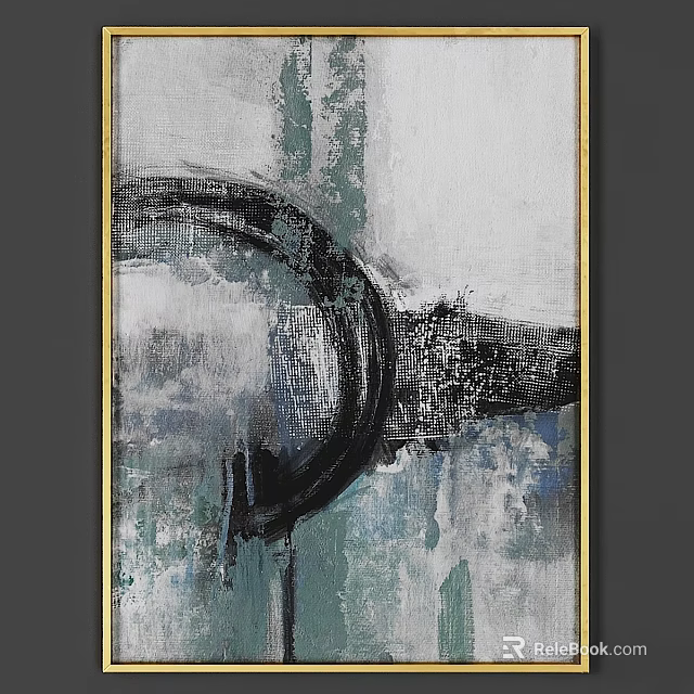 Gold Framed Abstract Artwork With Blue Gray Black And White Tones 3d model 