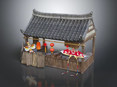 Traditional Chinese Wooden Pavilion With Tiled Roof Red Lanterns And Decorative Paper Umbrella 3d model