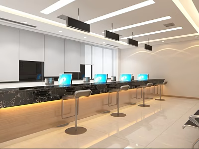 Modern Service Hall Interior With Service Counter Computers And Stools 3d model
