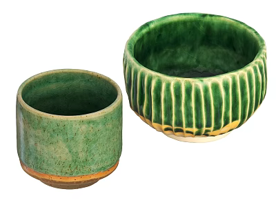 Two Green Ceramic Vessels With Vertical Striped Pattern And Brown Base Details 3d model