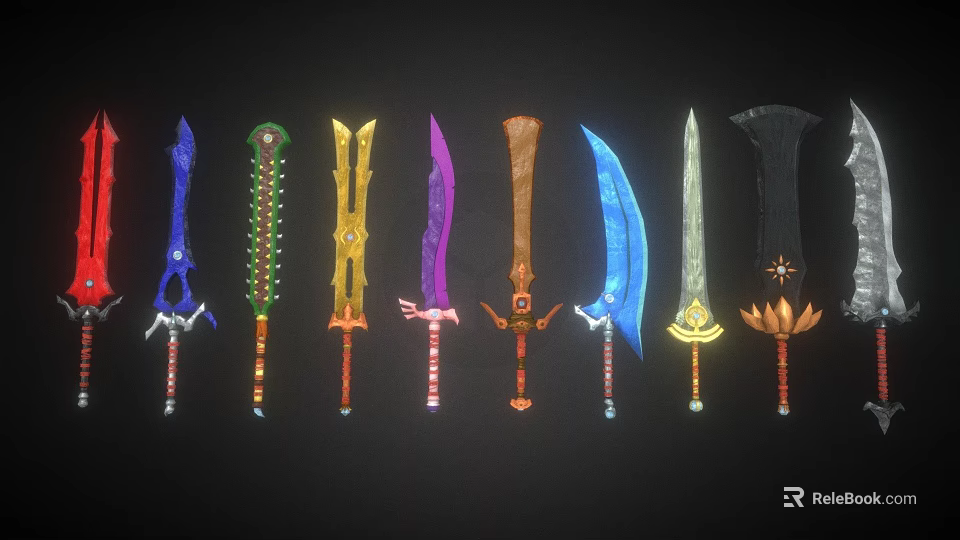 Colorful Decorative Swords With Various Designs And Unique Handle Details 3d model 