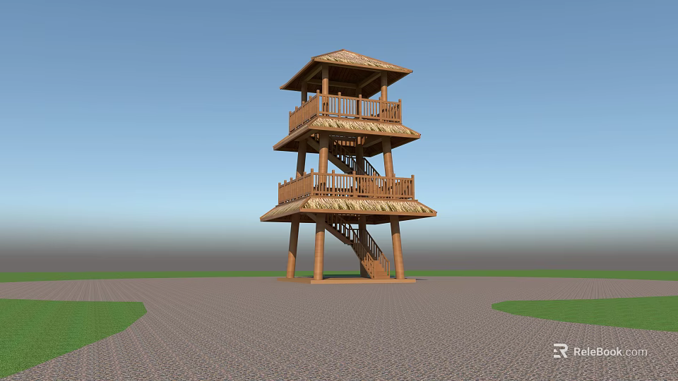 Wooden Tower Structure With Three Floors Staircase Balconies And Thatched Roof 3d model 