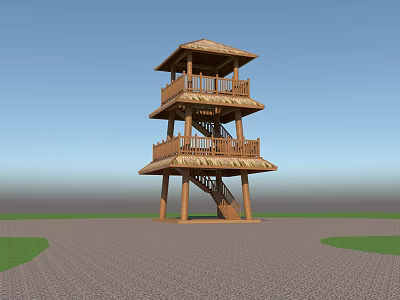 Wooden Tower Structure With Three Floors Staircase Balconies And Thatched Roof 3d model