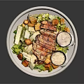 Tasty Grilled Chicken Salad With Crispy Croutons Fresh Lettuce And Dressings
