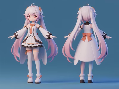 3D Anime Girl With Long Pink Hair White Dress And Orange Bow Front Back View 3d model