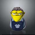 Cartoon Bird Character With Purple Curly Hair Yellow Body Blue Vest And Bow Tie