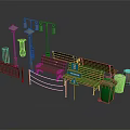Outdoor Public Space Components With Various Street Lamps Wooden Benches Green Trash Cans And Signs