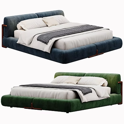 Modern Upholstered Double Bed In Navy Blue And Green With Wooden Accents And Soft Bedding 3d model