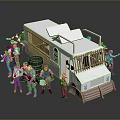 Group of People Surrounding White Prison Van with Weapons and Items