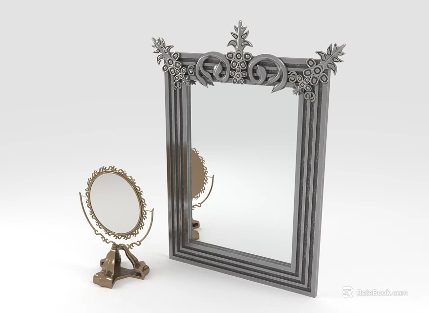 Ornate Decorative Mirrors with Intricate Frame and Small Tabletop Stand Design 3d model 