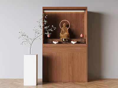 Modern Wooden Buddhist Shrine Cabinet With Buddha Statue Decorative Items Vase And Branches 3d model
