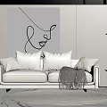 White Two-Seater Sofa with Cushions Gray Throw Blanket Line Art Painting and Round Rug